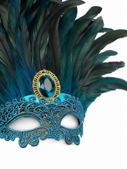 Carnival headpiece with feathers and a mask