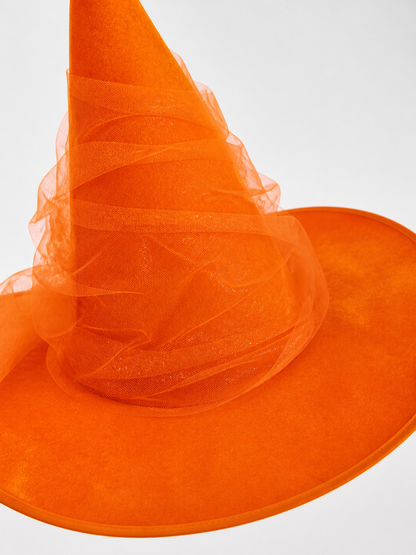 Orange Halloween Witch Hat, Tall Curved Pointed Crown, Wide Floppy Brim, Sheer Mesh Draping, Costume Accessory for Parties