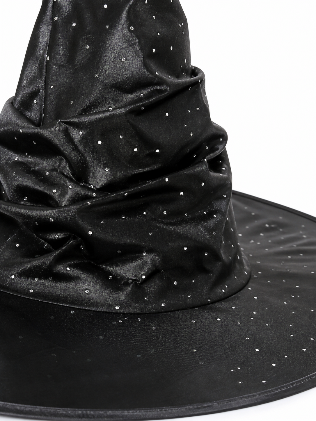 Black Halloween Witch Hat Pointed Wide Brim Ruched Crown With Silver-White Dot Embellishments Costume Accessory