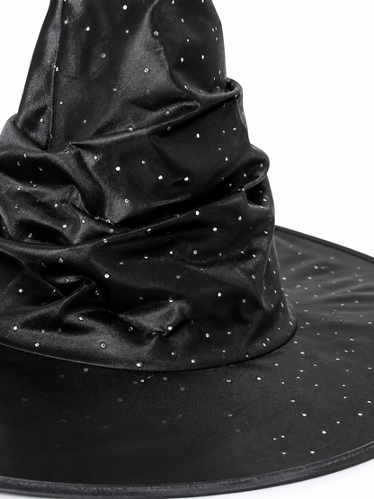 Black Halloween Witch Hat Pointed Wide Brim Ruched Crown With Silver-White Dot Embellishments Costume Accessory