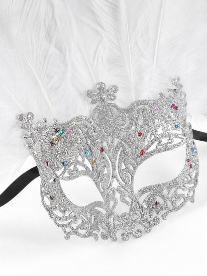 Masquerade Mask with White Feathers and Glitter