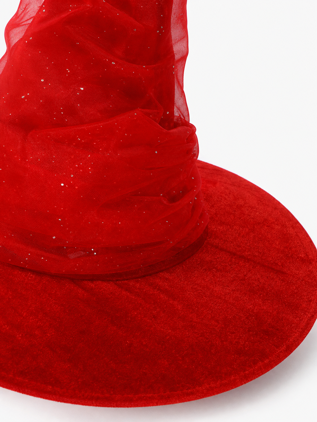 1pc Red Halloween Witch Hat with Very Tall Pointed Crown, Extra-Wide Floppy Brim and Sheer Glitter-Speckled Overlay for Cosplay Parties