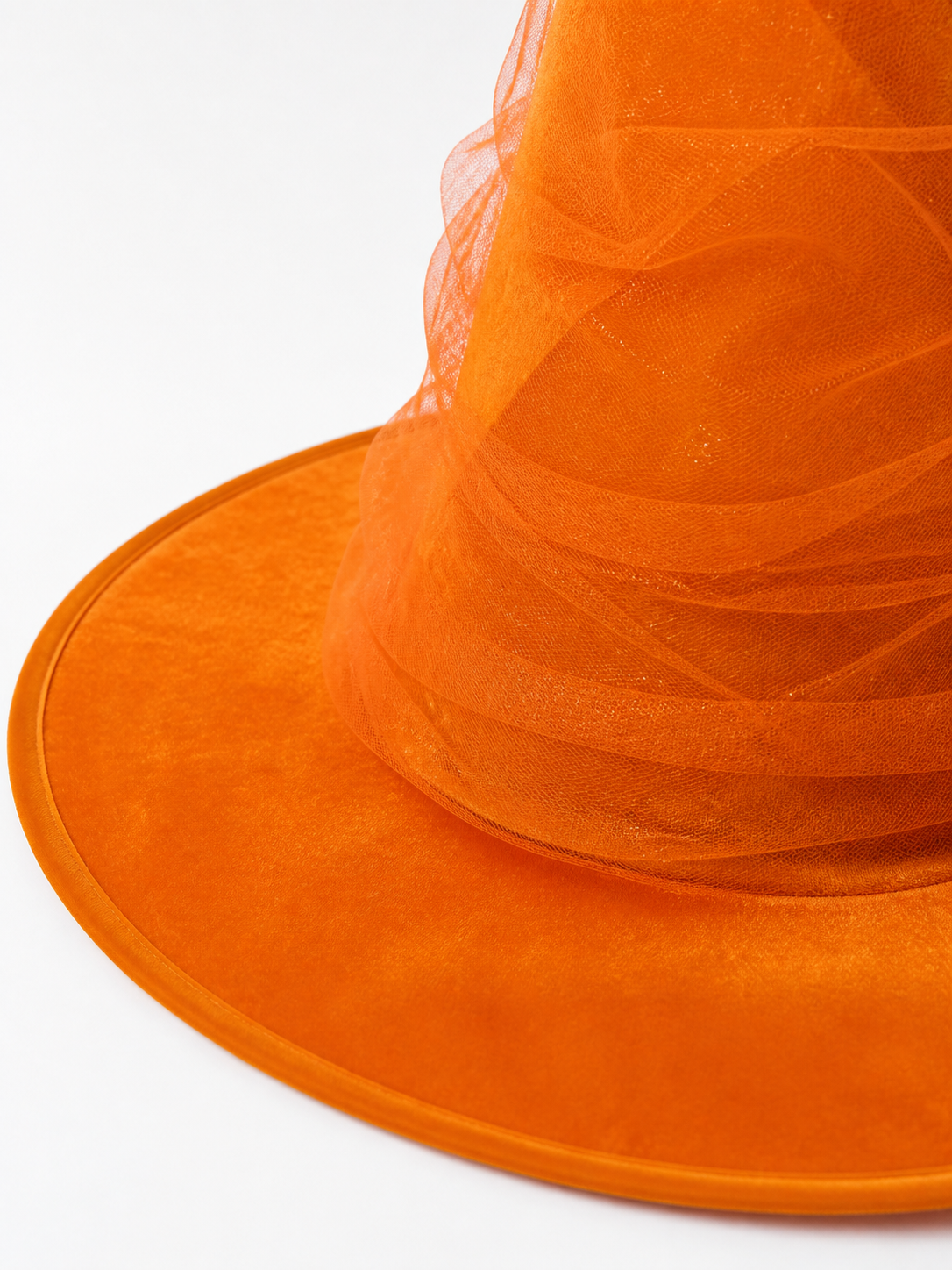 Orange Halloween Witch Hat with Very Tall Curved Pointed Crown, Wide Wavy Brim and Attached Sheer Veil for Costume Parties