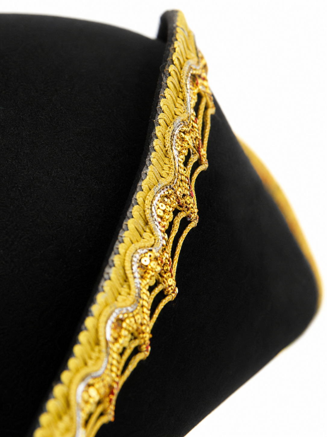 1pc Theatrical Pirate Tricorn Hat, Black Three-Cornered Style with Ornate Gold Trim and Wide Curved Brim for Costume Parties and Themed Events