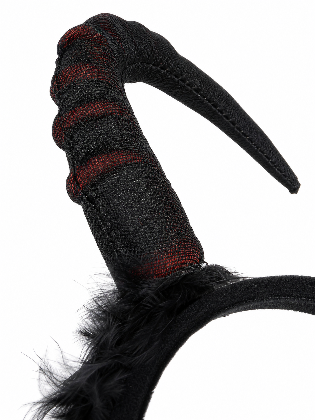 Information card about design details, showing the horn texture, feather collar, neck fastening, and laced black garment