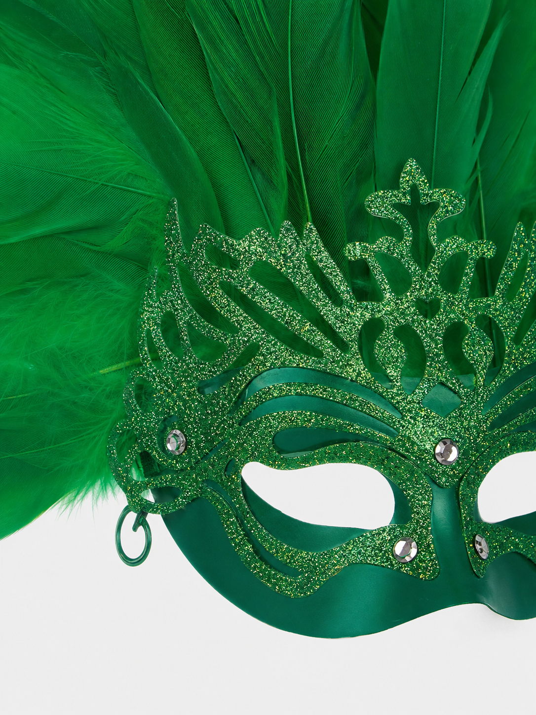 Carnival Mask with Green Feathers and Glitter
