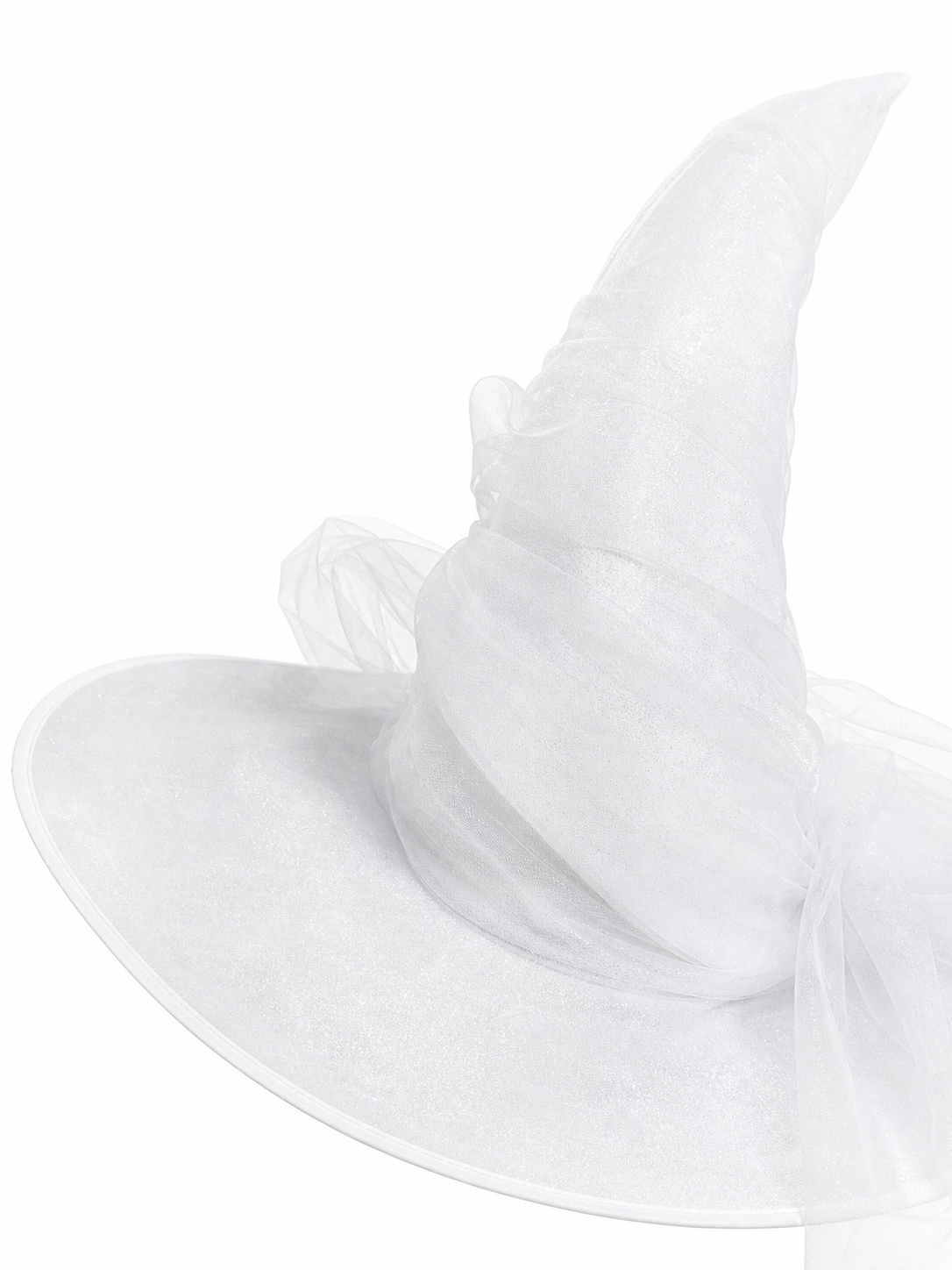 White Halloween Witch Hat With Wide Floppy Brim, Sheer Layered Fabric, Curved Pointed Crown And Trailing Veil For Cosplay Costume Party