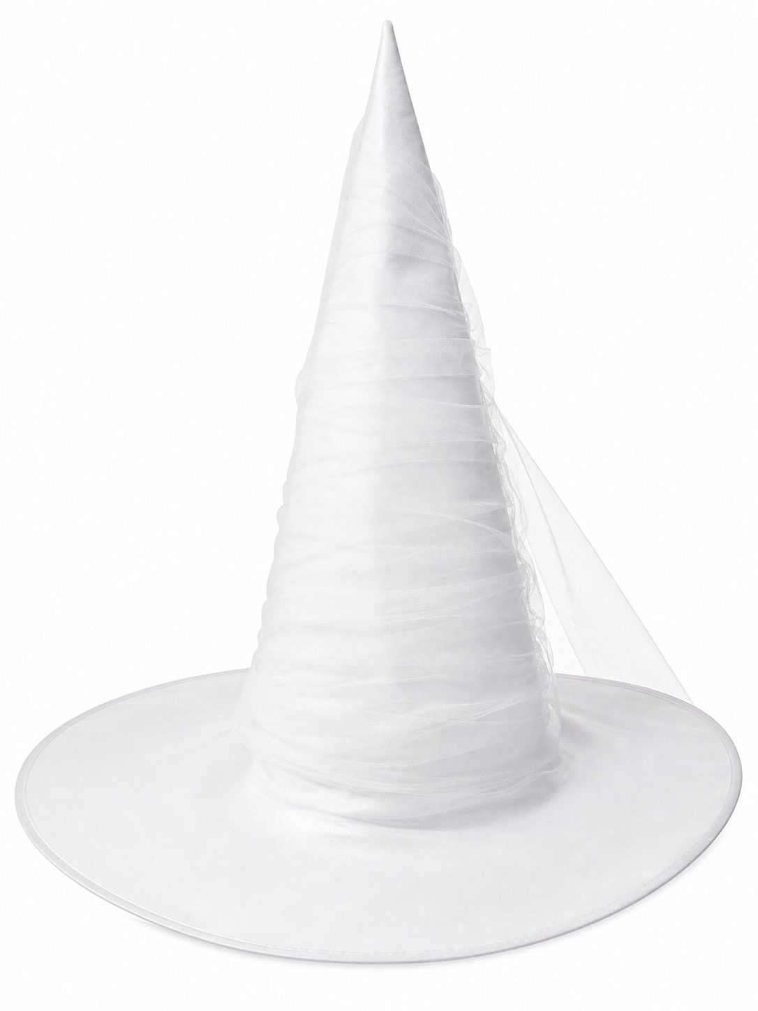 White Halloween Witch Hat With Attached Sheer Veil, Tall Curved Pointed Crown And Wide Floppy Brim For Cosplay Costume Party