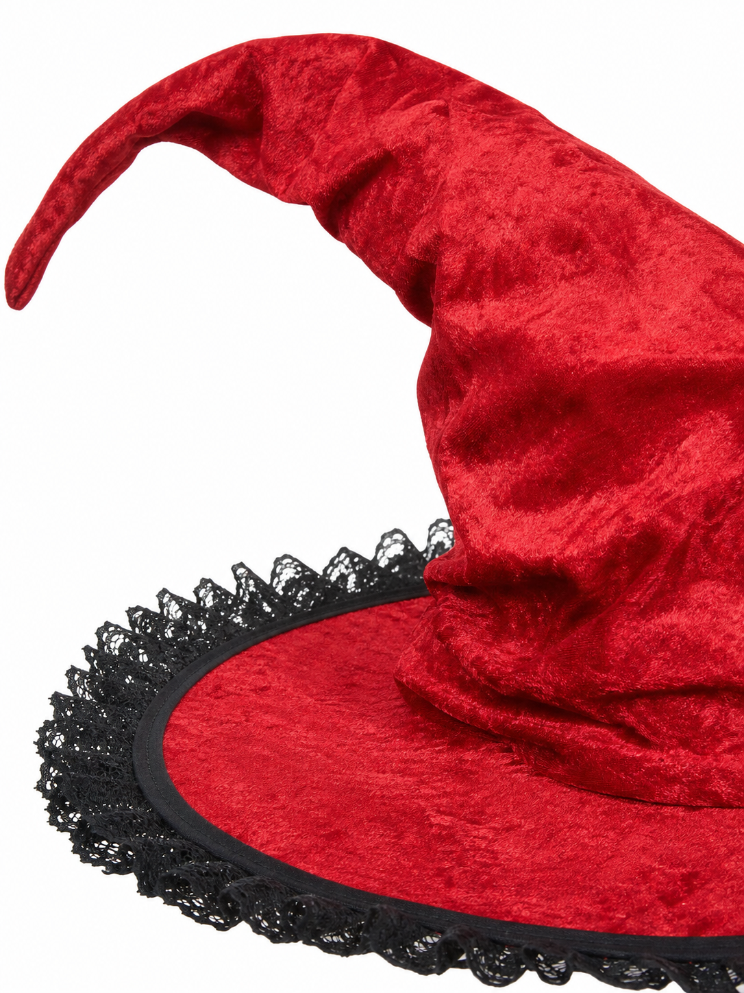 Red and Black Wide Brim Witch Hat, Tall Curved Pointed Top with Black Lace Trim