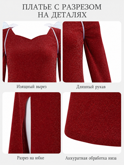 Shrek Costume: Red Long-Sleeve Maxi Dress detail composite view