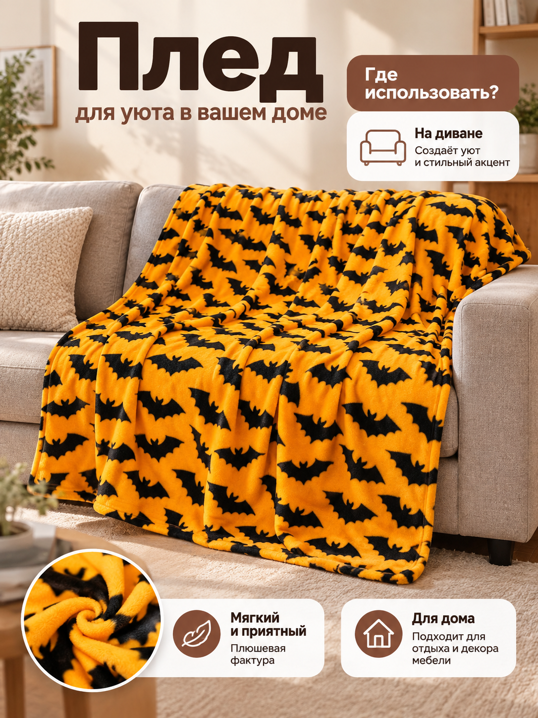 Orange and Black Plush Blanket with Bat Print