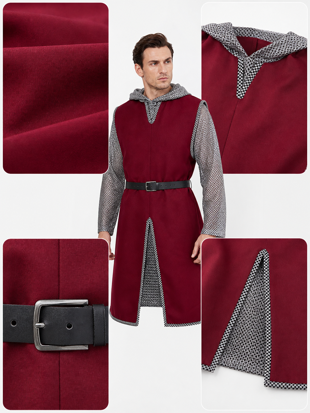 Halloween Medieval Knight Cosplay Costume Set, 3-Piece Burgundy Sleeveless Robe, Silver Chainmail Top And Black Belt For Role Play