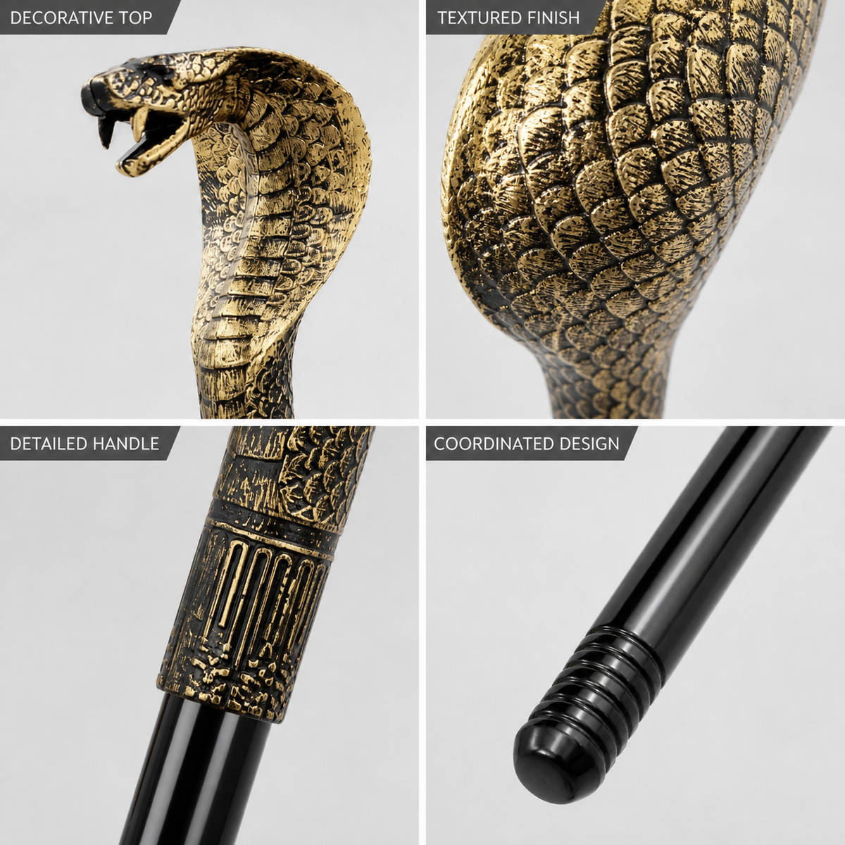 Information card showing close-ups of the gold-toned snake head, textured finish, decorative handle, and black cane tip