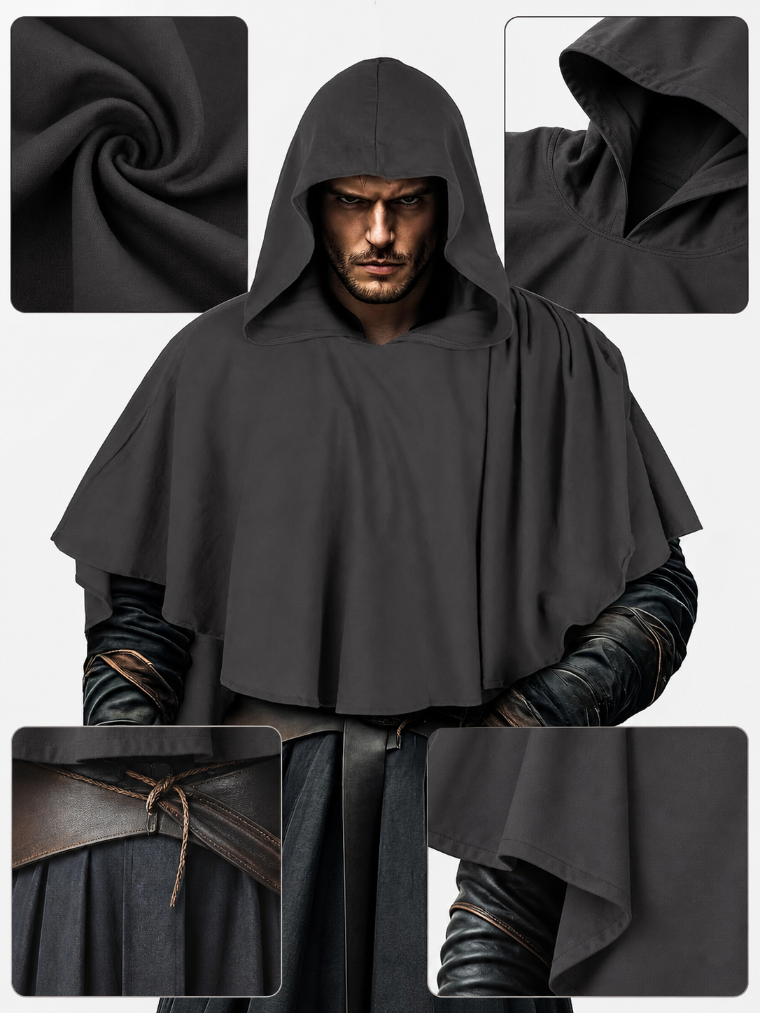 Dark Medieval Fantasy Hooded Cloak Gray Loose-Fitting Cape-Like Poncho With Oversized Hood For Cosplay Role-Playing Attire