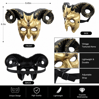 1pc Halloween Horned Demon Face Mask with Curled Horns for Cosplay Party