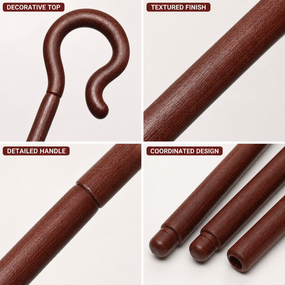 Information card showing close-ups of the dark brown hook, textured shaft, connector, and rounded shaft ends with English labels