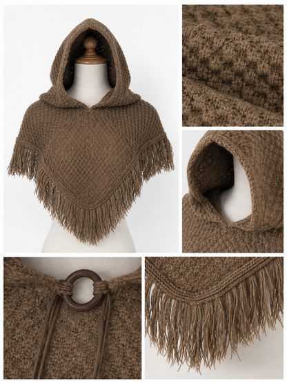 Triangle Hooded Cape with Fringe, Brown