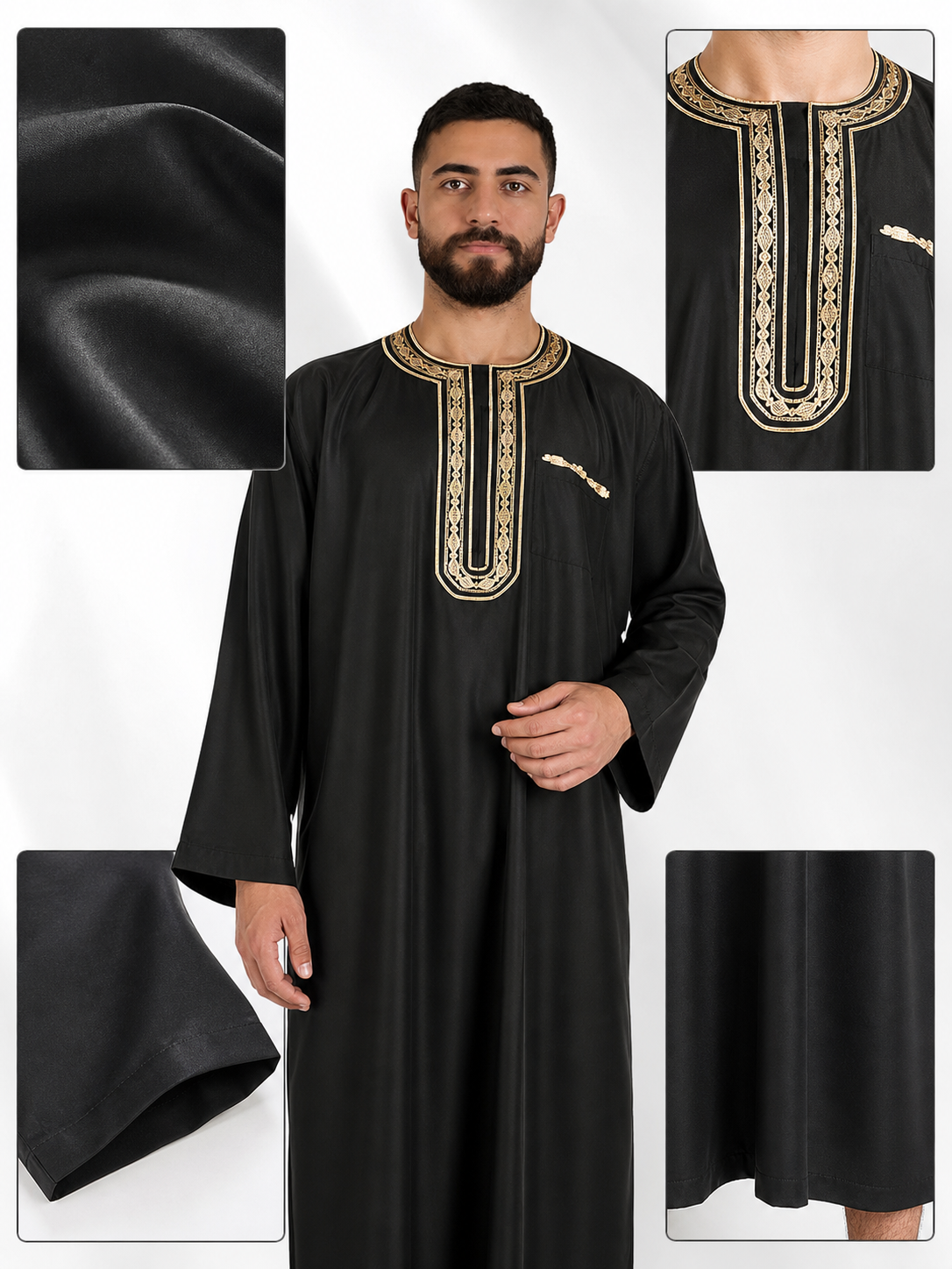 Long Black Abaya with Gold Collar Trim detail view