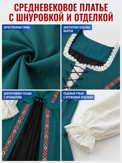 Turquoise Renaissance Dress with Puff Sleeves detail view