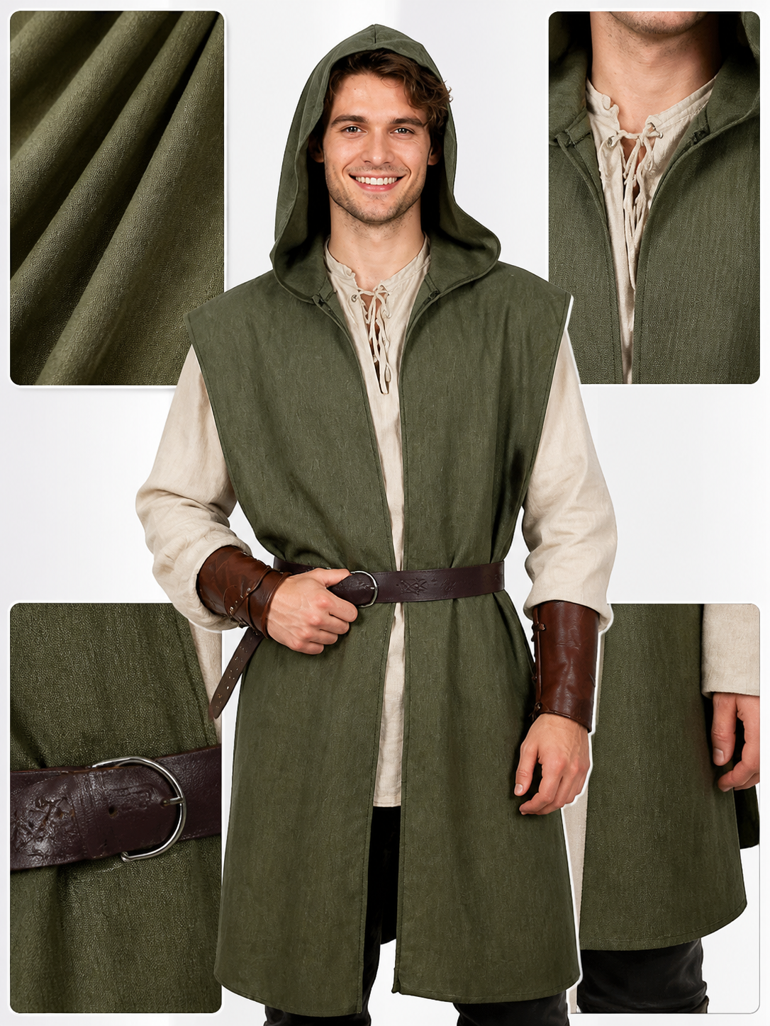 Medieval Fantasy Role Play Costume Set, 2-Piece Olive Green Hooded Sleeveless detail view