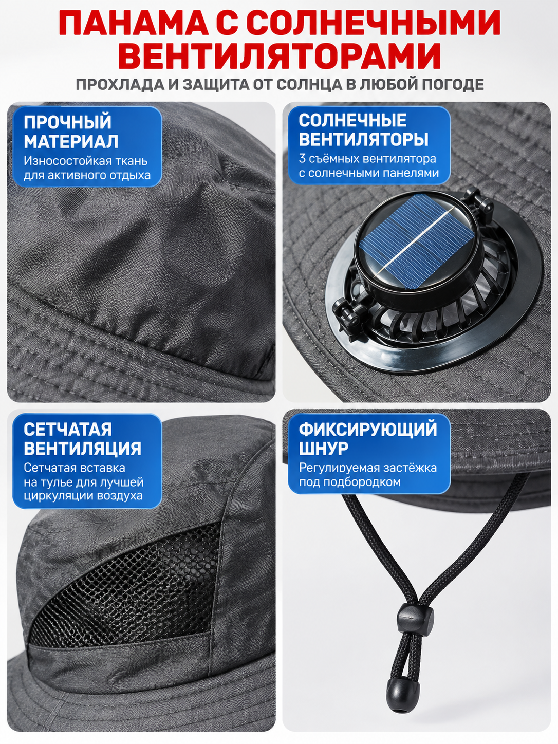 Dark Gray Wide-Brim Panama Hat with Fans detail view