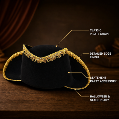 1pc Children's Pirate Hat, Black Wide Brim Pirate Costume Hat with Gold Decorative Trim, Tall Crown for Dress-Up Play and Costume Parties