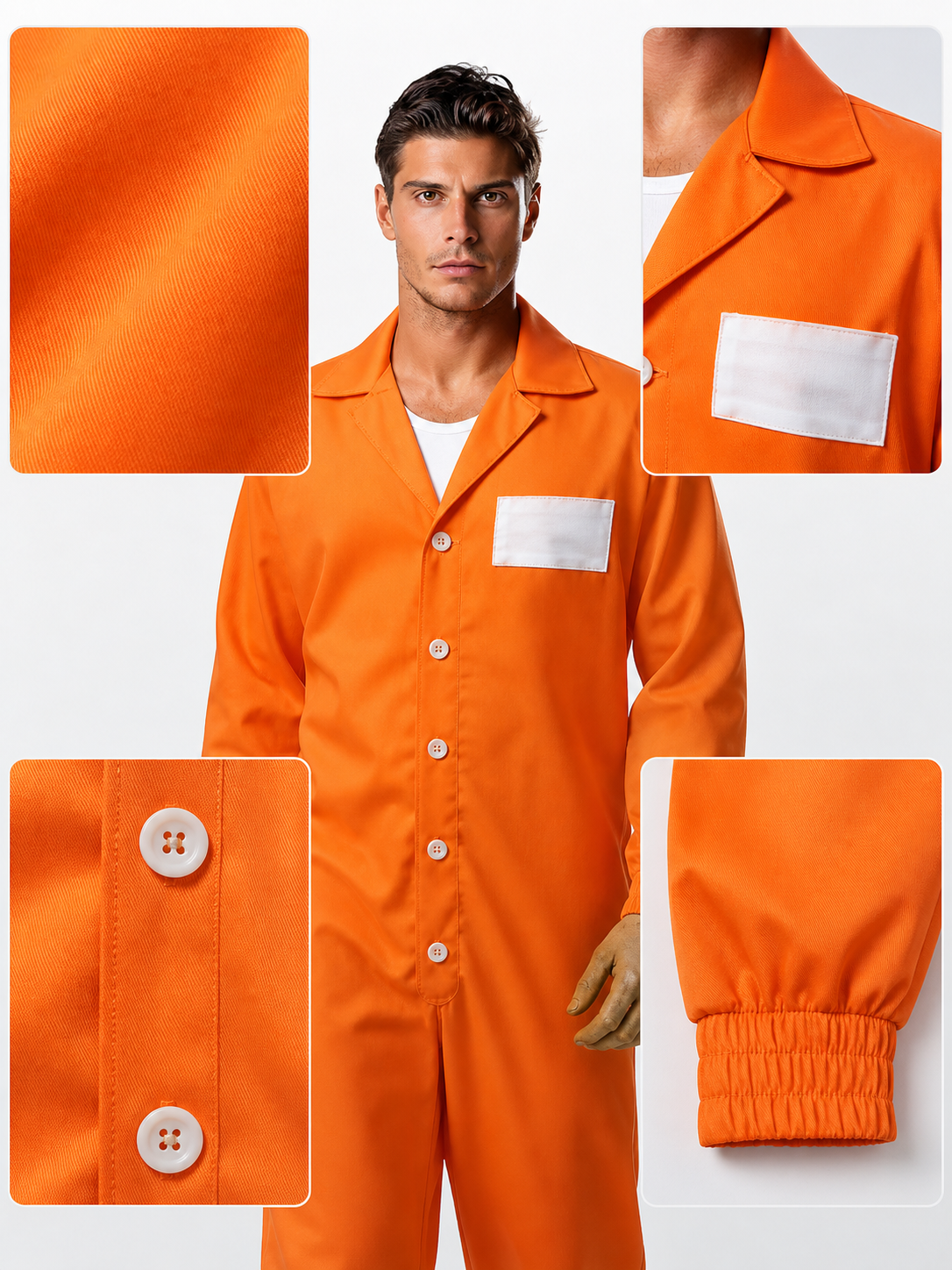 Adult Orange Prisoner-Style Costume Jumpsuit, Long Sleeve One-Piece Uniform with Pointed Collar, Front Buttons and Chest Patch for Costume Parties
