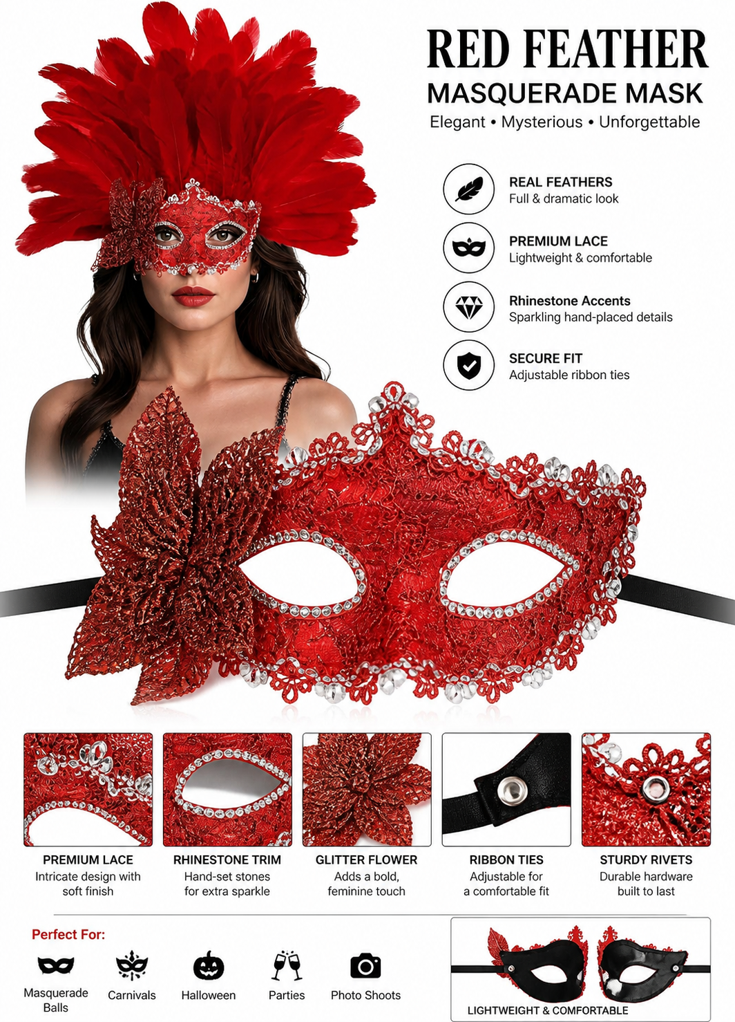 Red feather masquerade half mask product view 18