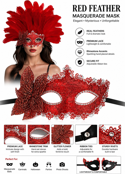Red feather masquerade half mask product view 18