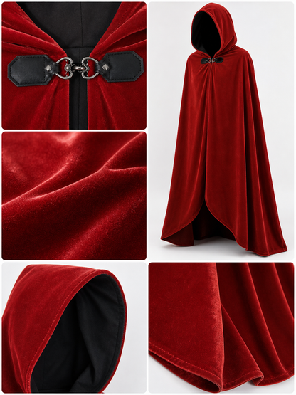 Medieval Hooded Cape, Long Flowing Bright Red Cloak with Oversized Hood and Toggle Closure for Cosplay Costume Parties