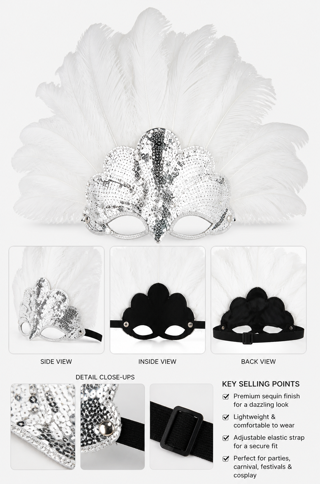 White Feather Carnival Headband with Silver Sequins product view 17