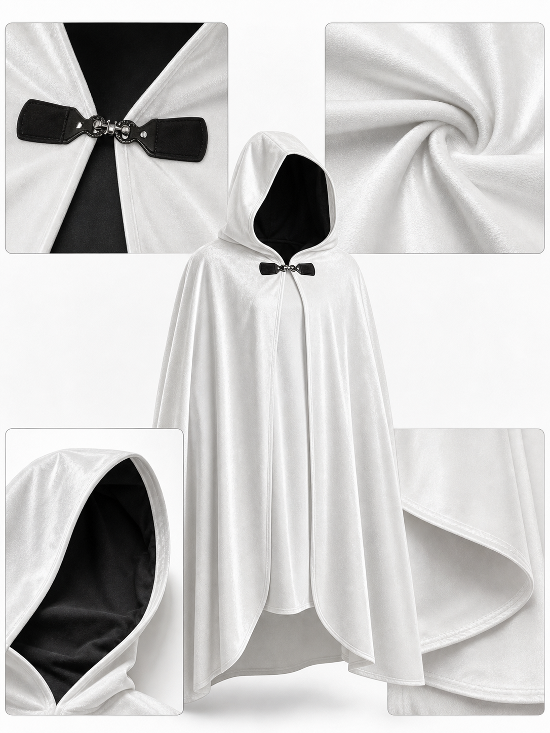 Medieval White Velvet Hooded Long Cloak Cape with Black Bow Tie Front Flared Hem detail view