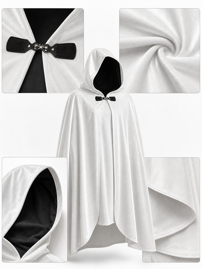Medieval White Velvet Hooded Long Cloak Cape with Black Bow Tie Front Flared Hem detail view