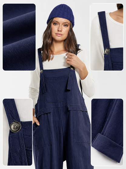 Information card showing navy fabric texture and close-ups of the shoulder strap, metal button, pocket, and cuffed hem
