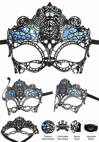 Carnival Headpiece with Blue-and-Black Feathers and Mask detail view