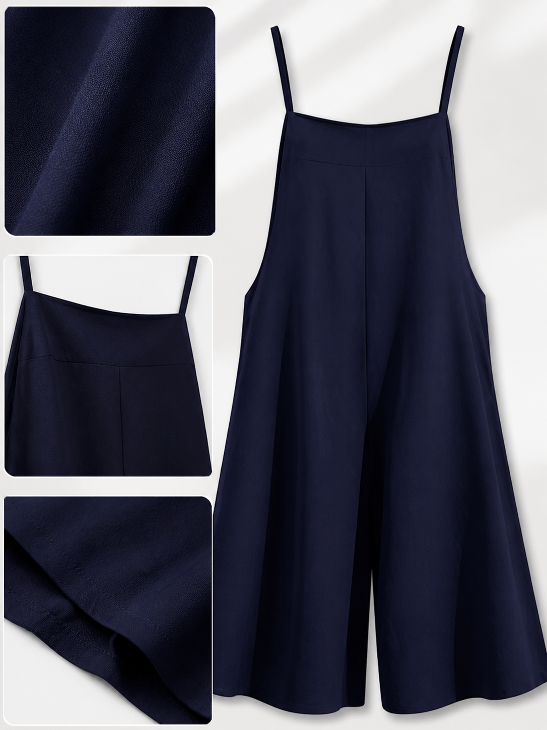 Information card showing the dark blue jumpsuit, close-ups of its smooth fabric texture, neckline, seams, and wide-leg hem