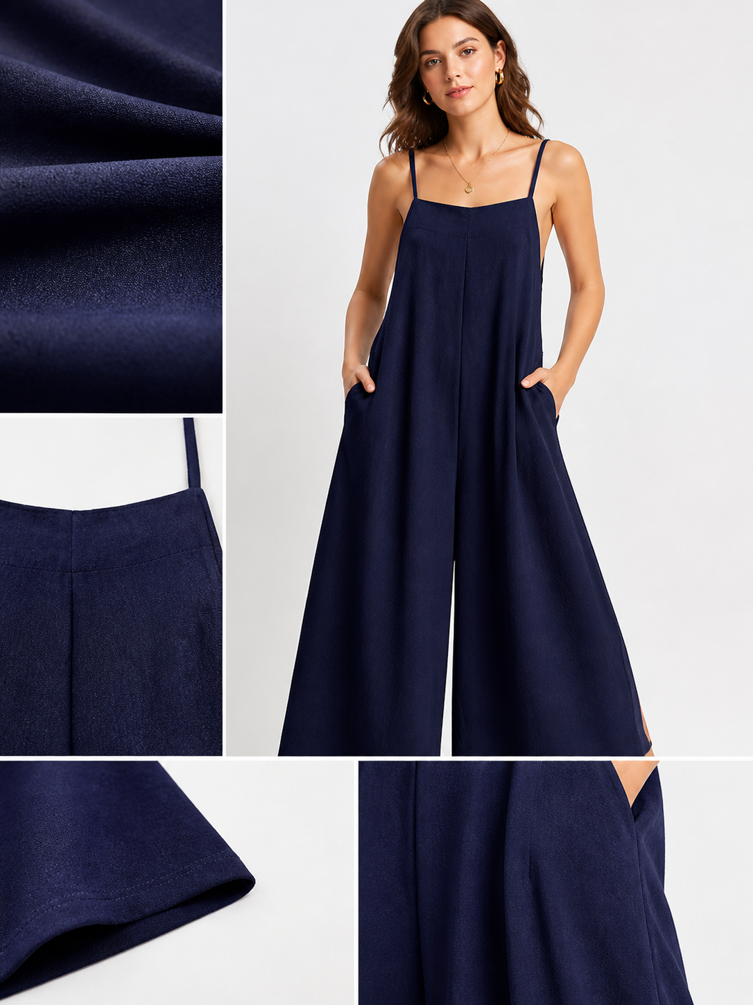 Blue Spaghetti Strap Wide Leg Jumpsuit, Sleeveless One-Piece Overalls With Long detail view