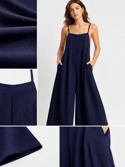 Blue Spaghetti Strap Wide Leg Jumpsuit, Sleeveless One-Piece Overalls With Long detail view
