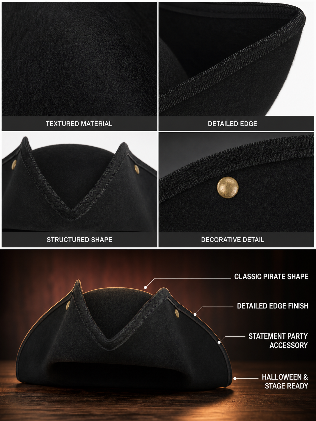 Classic Pirate Hat for Kids, Wide Tricorn Pirate Captain Hat with Raised Pointed Sides and Gold-Colored Accents for Halloween Costume, Dress-Up Play and Themed Parties