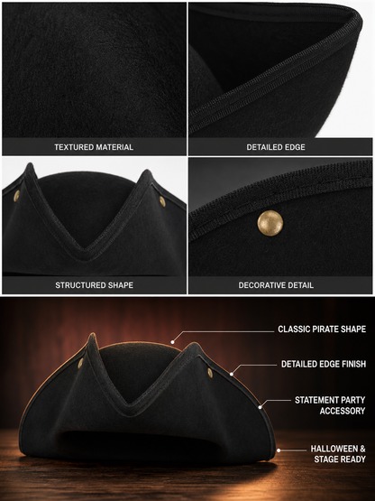 Classic Pirate Hat for Kids, Wide Tricorn Pirate Captain Hat with Raised Pointed Sides and Gold-Colored Accents for Halloween Costume, Dress-Up Play and Themed Parties