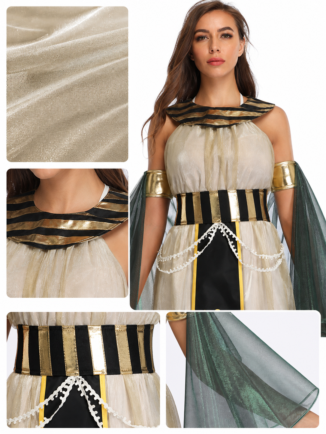 Women’s Egyptian Pharaoh Queen Halloween Cosplay Dress Set with Headpiece, Belt, Arm Accessories and Draped Sleeves for Stage Performance