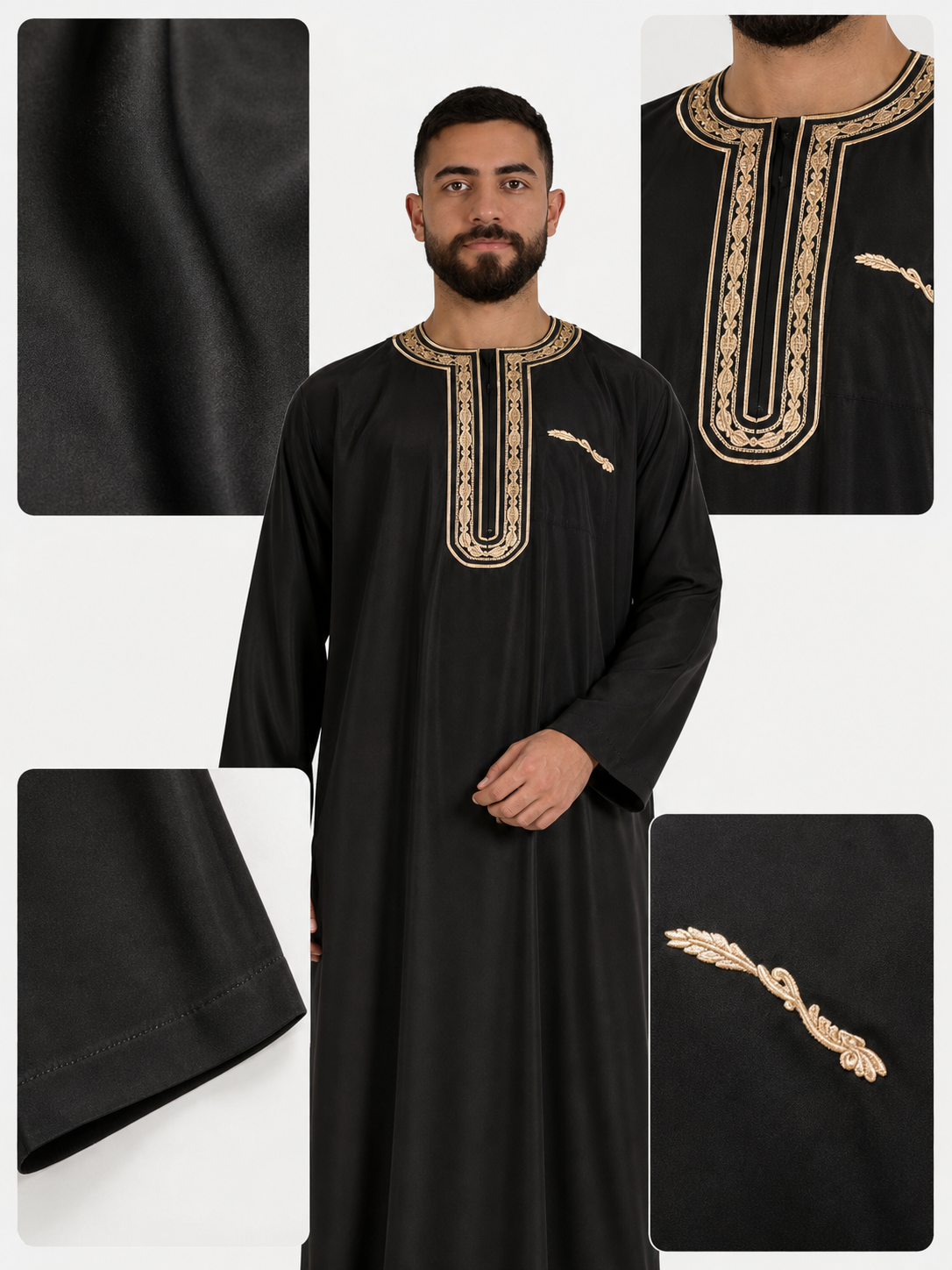 Men's Traditional Muslim-Inspired Long Robe, Black Full-Length Loose-Fit Tunic with Gold-Tone Embroidered Trim for Formal Wear