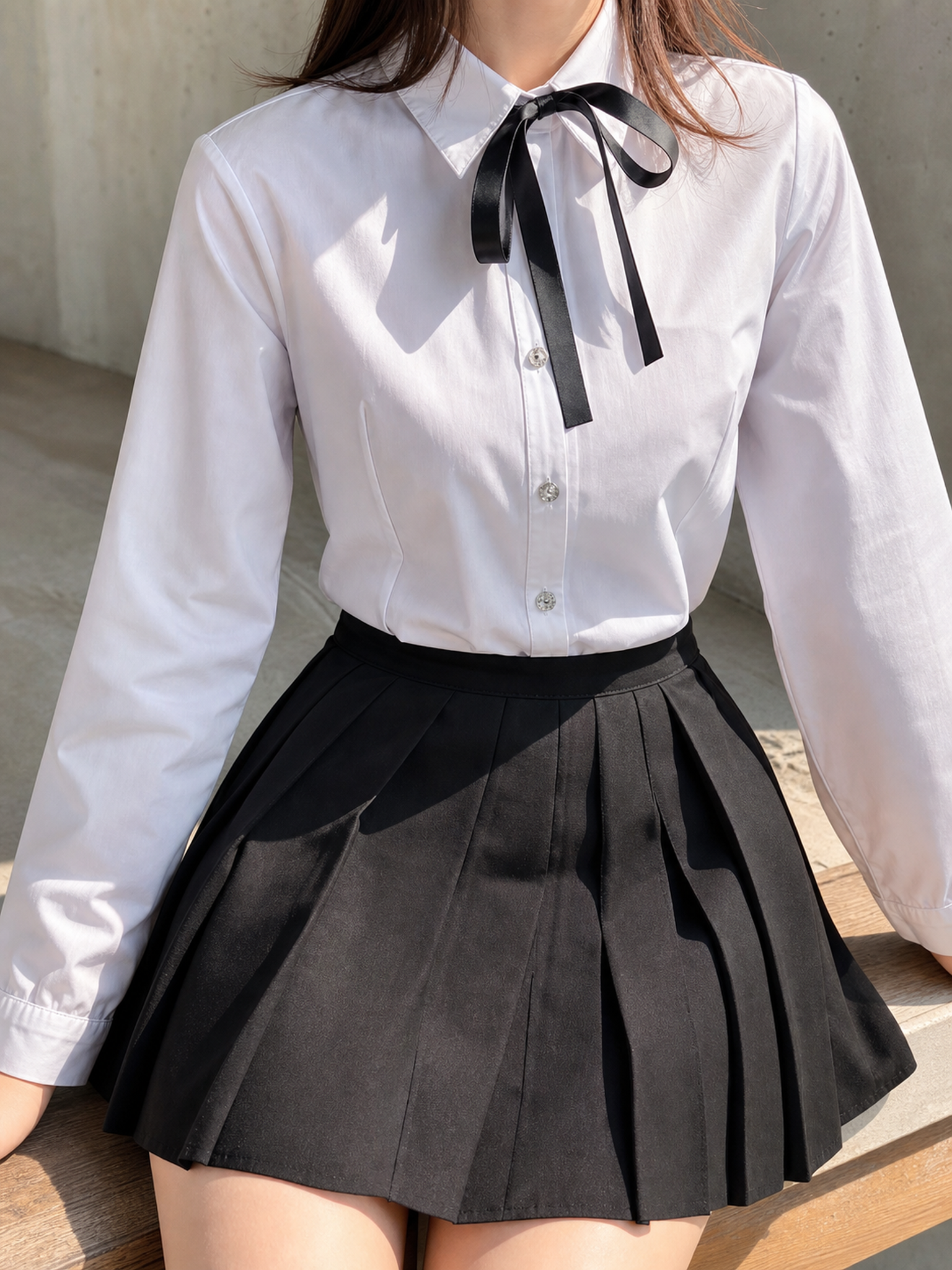 Black pleated mini skirt in a school style