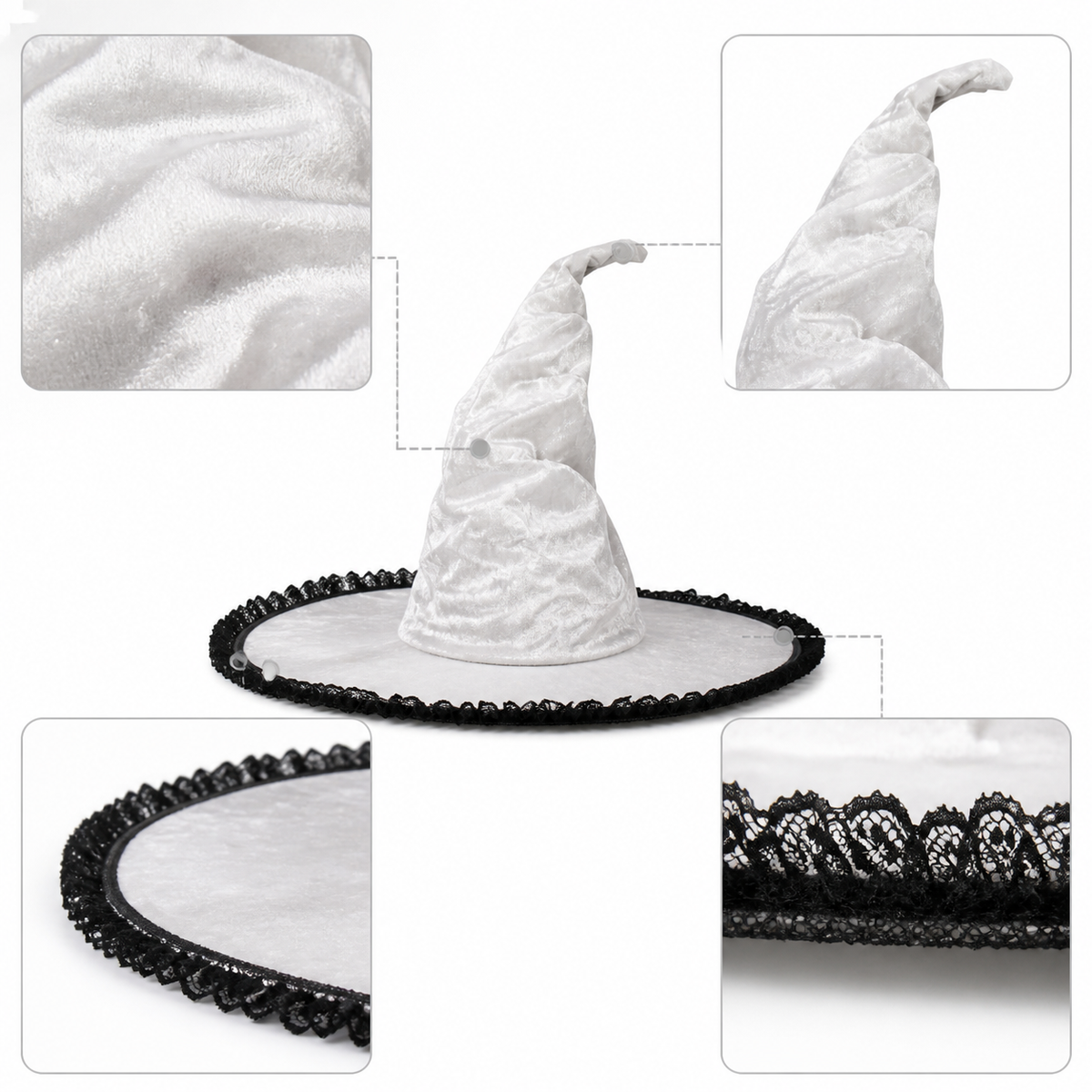 White and Black Witch Hat, Wide Brim Pointed Hat with Lace Trim and Curved detail view