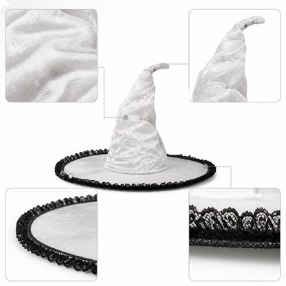 White and Black Witch Hat, Wide Brim Pointed Hat with Lace Trim and Curved detail view