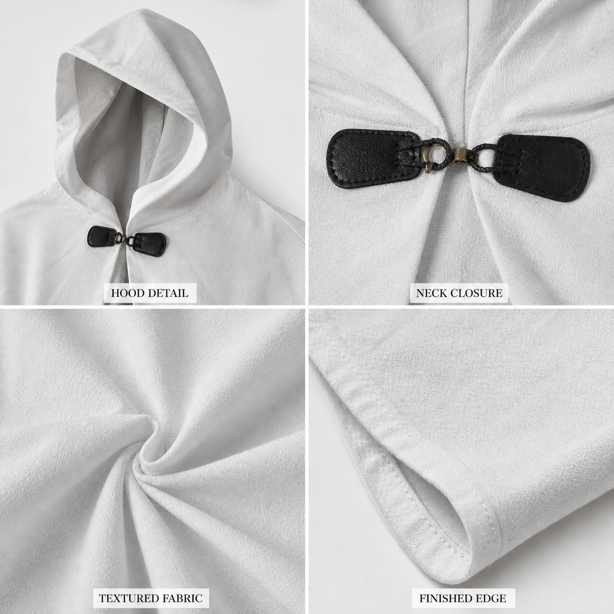 Medieval White Velvet Hooded Long Cloak Cape with Black Bow Tie Front Flared Hem detail view 2