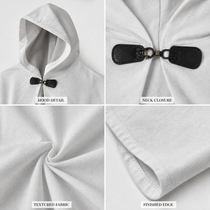 Medieval White Velvet Hooded Long Cloak Cape with Black Bow Tie Front Flared Hem detail view 2
