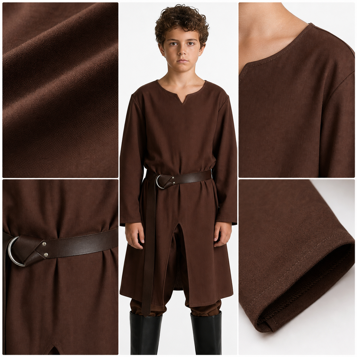 Kids Medieval Fantasy Halloween Costume Set, Long Sleeve Loose Fit Tunic Robe with Belt, Pants and Black Boots for Dress Up Play