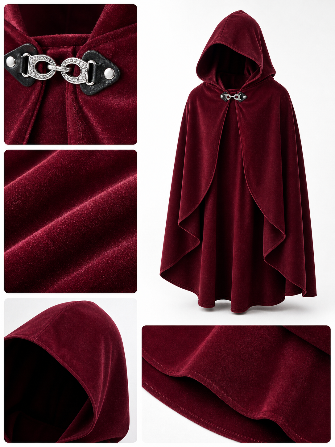 Medieval Hooded Cloak Wine Red Cape with Overlapping Front and Irregular Draped Hem for Cosplay, Theme Parties, Stage Performances and Fantasy Photography