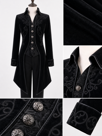Black embroidered coat with a stand-up collar and pointed tails